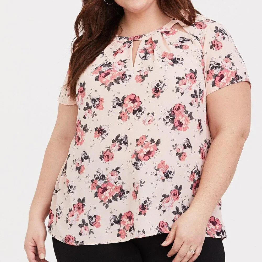 Torrid Pink Floral Skull Georgette Cutout Blouse in Size 5 / 28